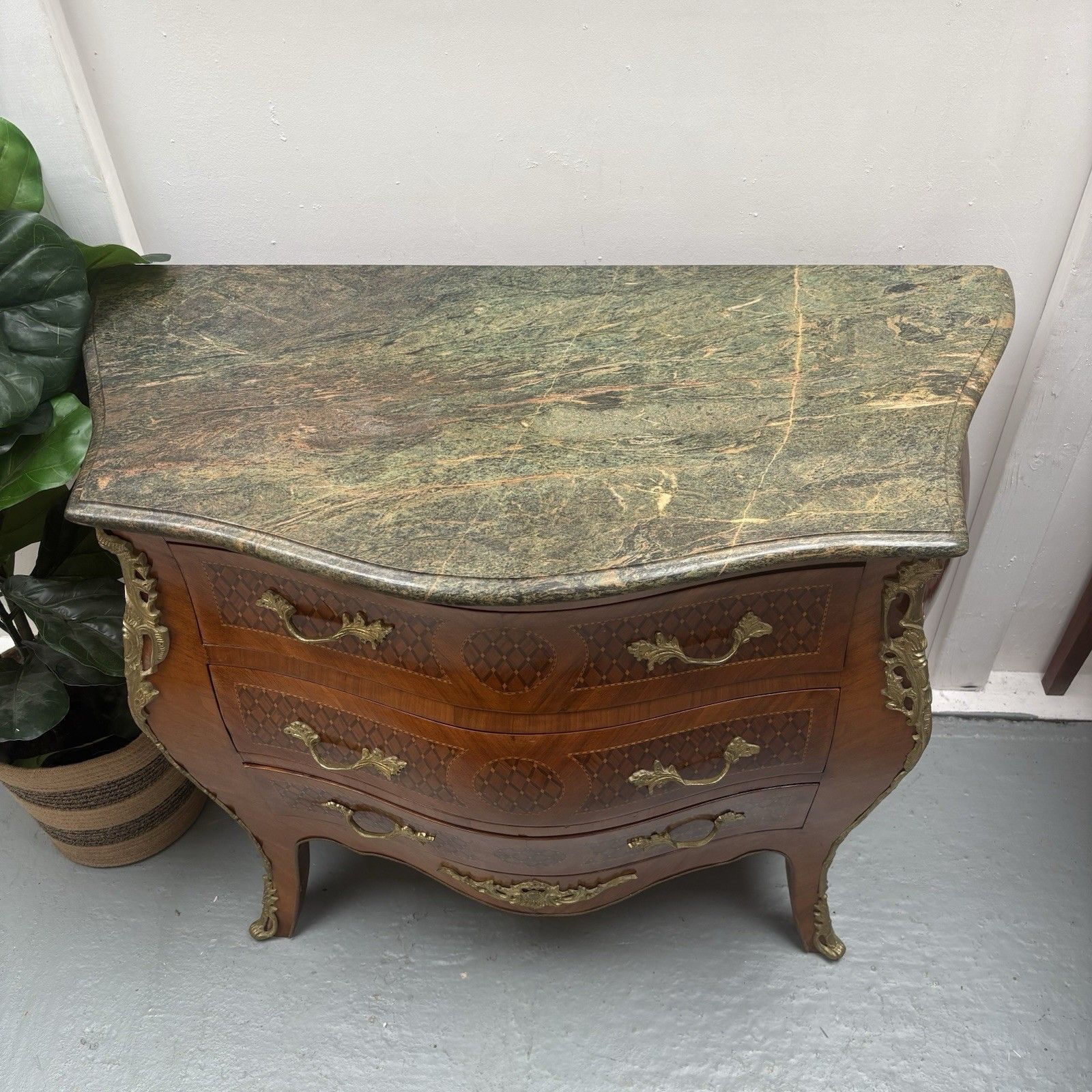 Furniture Antique French Louis XV Style Marble Top Bombe Commode Chest Of Three Drawers photo