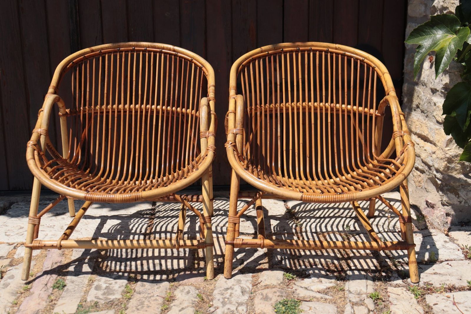 Set Of Rattan Armchairs By Audoux Minet, 1950