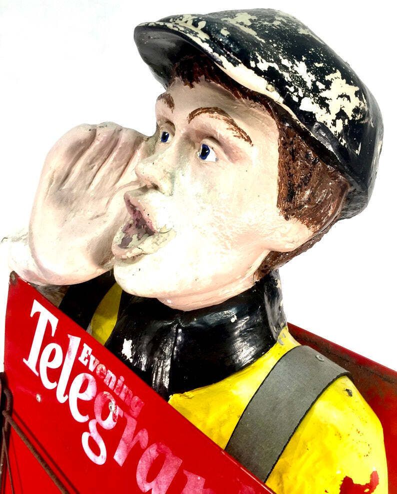 Life Size Antique Advertising Display – 1970s Evening Telegraph Paper Boy photo Home Decor