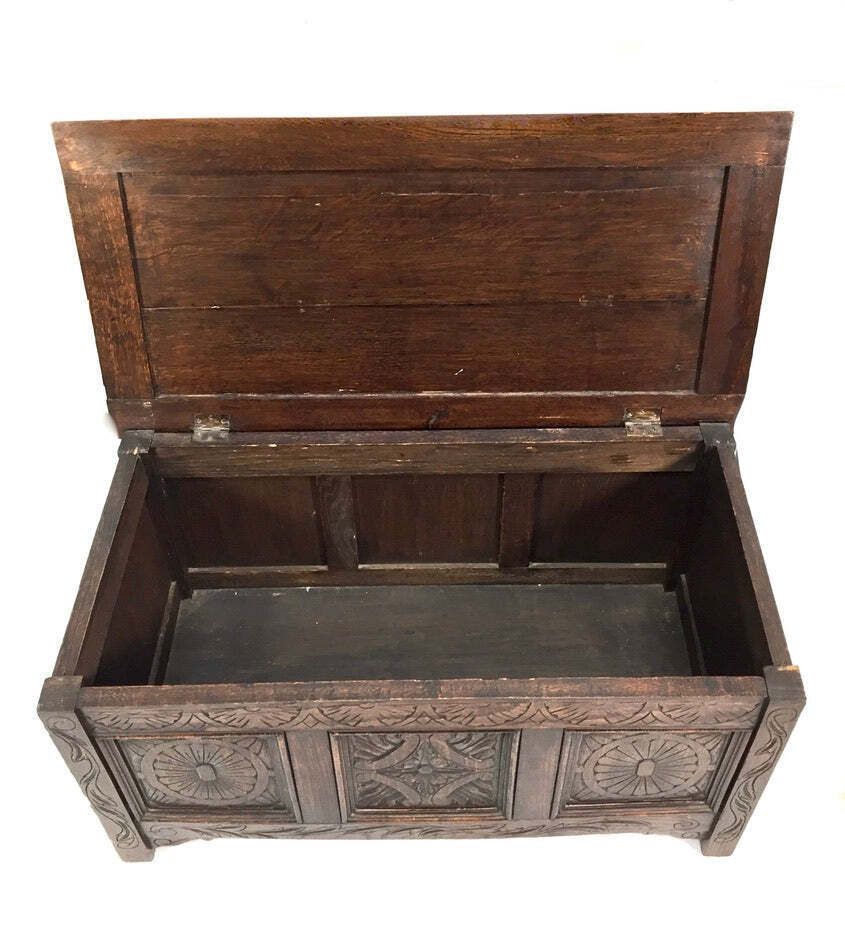 Antique Wooden Oak Hand Craved Panelled Storage Blanket Box / Coffer C.1900 photo buy