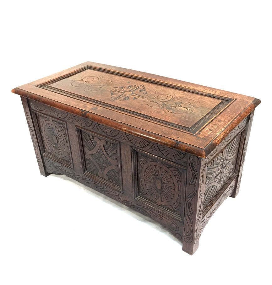 photo for sale Antique Wooden Oak Hand Craved Panelled Storage Blanket Box / Coffer C.1900