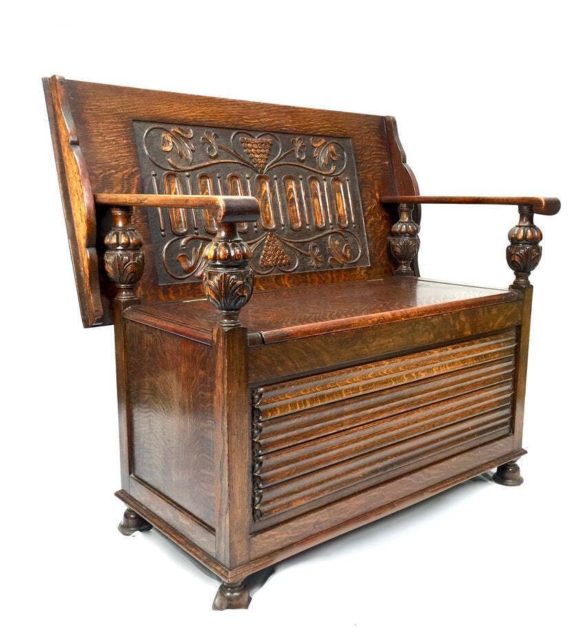 Antique Early 20th Century Oak Entrance Hall Monks Bench / Storage Seat photo for sale