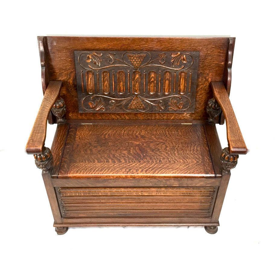 Antique Early 20th Century Oak Entrance Hall Monks Bench / Storage Seat photo vintage