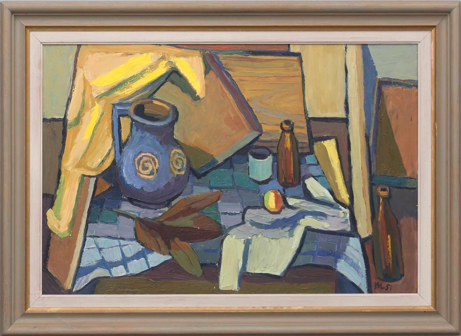 Original Swedish Oil On Panel – “Still Life With Jug And Bottles” By Martin Lindberg – 1951 – Vintage & Framed – 79 × 109 Cm (31.1" × 42.9") photo furniture