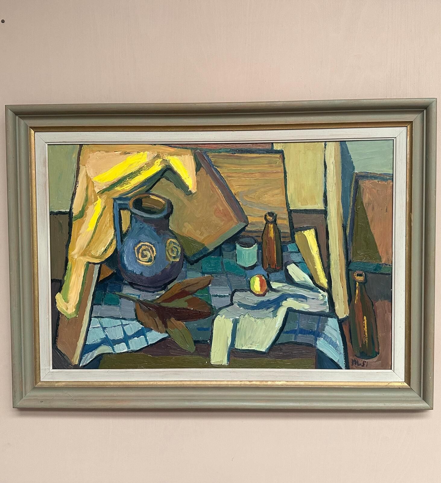 photo for sale Original Swedish Oil On Panel – “Still Life With Jug And Bottles” By Martin Lindberg – 1951 – Vintage & Framed – 79 × 109 Cm (31.1" × 42.9")