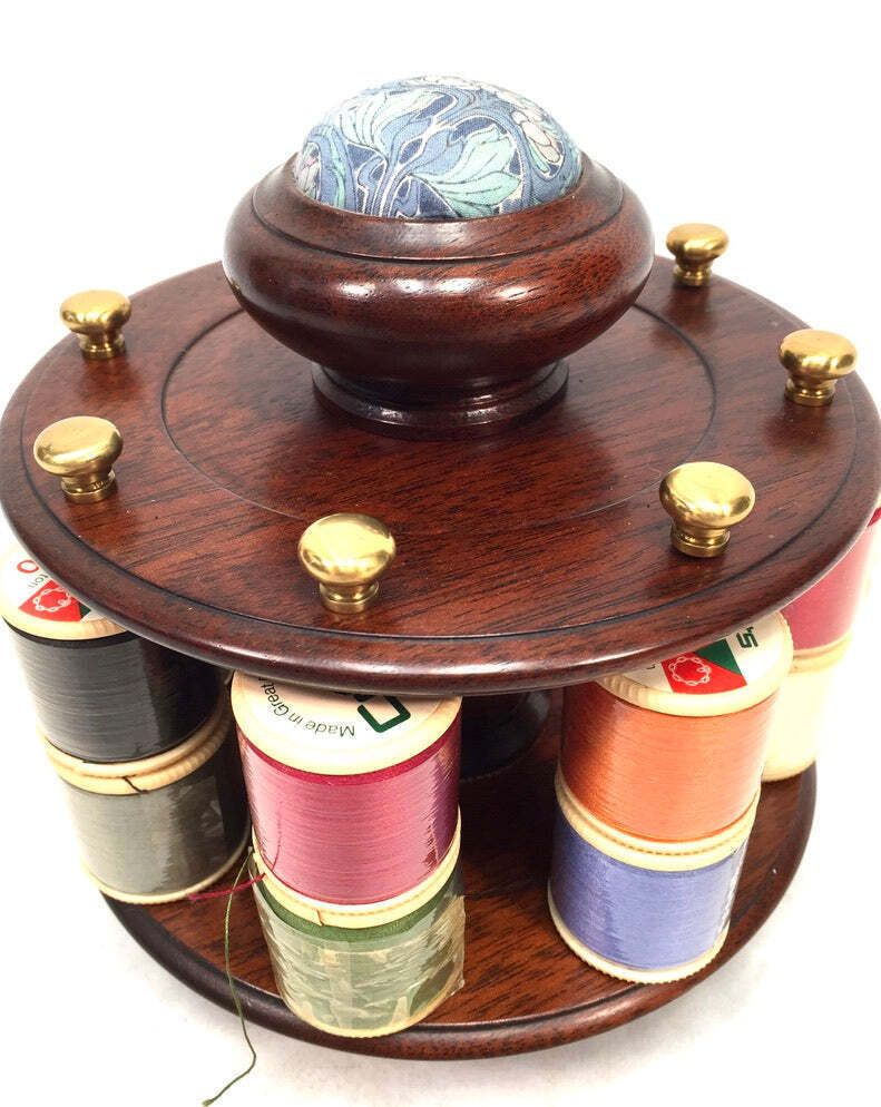 Vintage Mahogany Wood Tabletop Revolving Cotton Spool Reel Holder & Pin Cushion photo vinterior