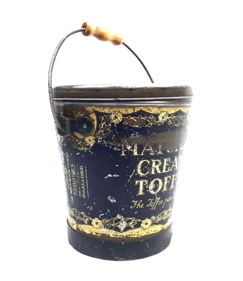 Antique Advertising 1920s J Bottomley & Sons Matchless Creamy Toffee Tin Bucket photo Home Decor