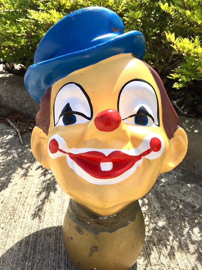 Vintage 20th Century Hand Painted Whimsical Clown Head / Large Circus Sculpture photo for sale
