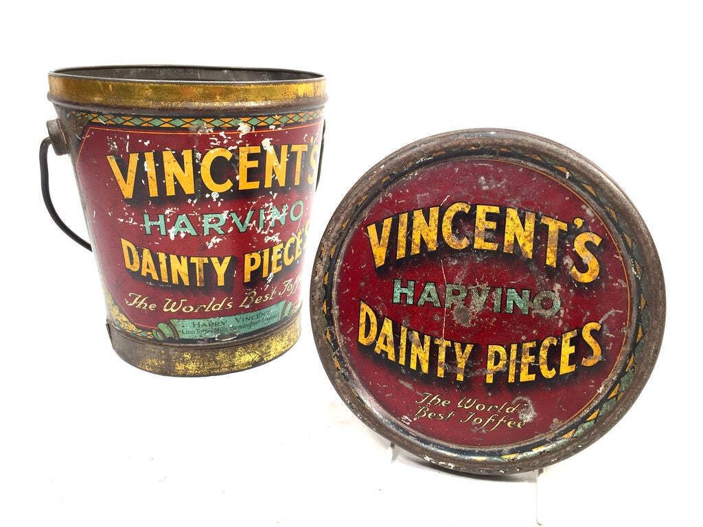 Antique Advertising 1920s Vincents Harvino Dainty Pieces Toffee Tin Bucket Shape