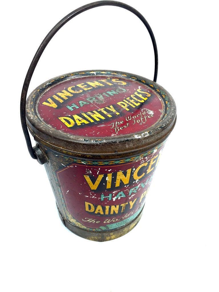 Antique Advertising 1920s Vincents Harvino Dainty Pieces Toffee Tin Bucket Shape photo furniture