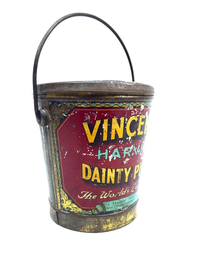 Antique Advertising 1920s Vincents Harvino Dainty Pieces Toffee Tin Bucket Shape photo for sale