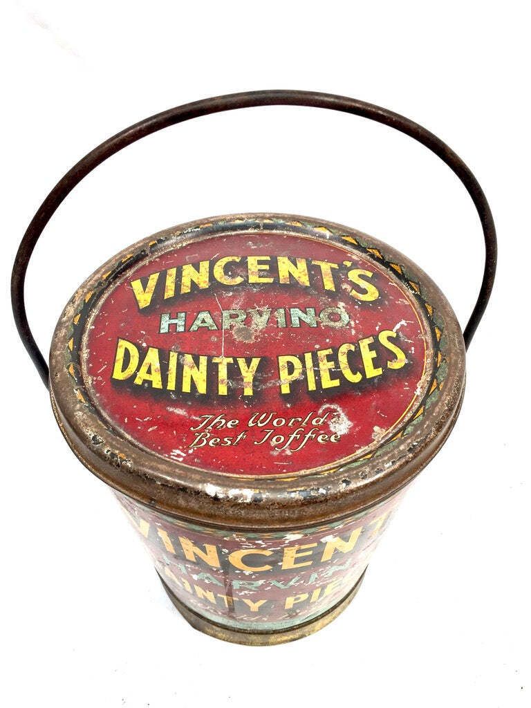 Antique Advertising 1920s Vincents Harvino Dainty Pieces Toffee Tin Bucket Shape photo 199.0