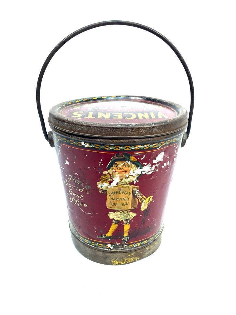 photo furniture Antique Advertising 1920s Vincents Harvino Dainty Pieces Toffee Tin Bucket Shape
