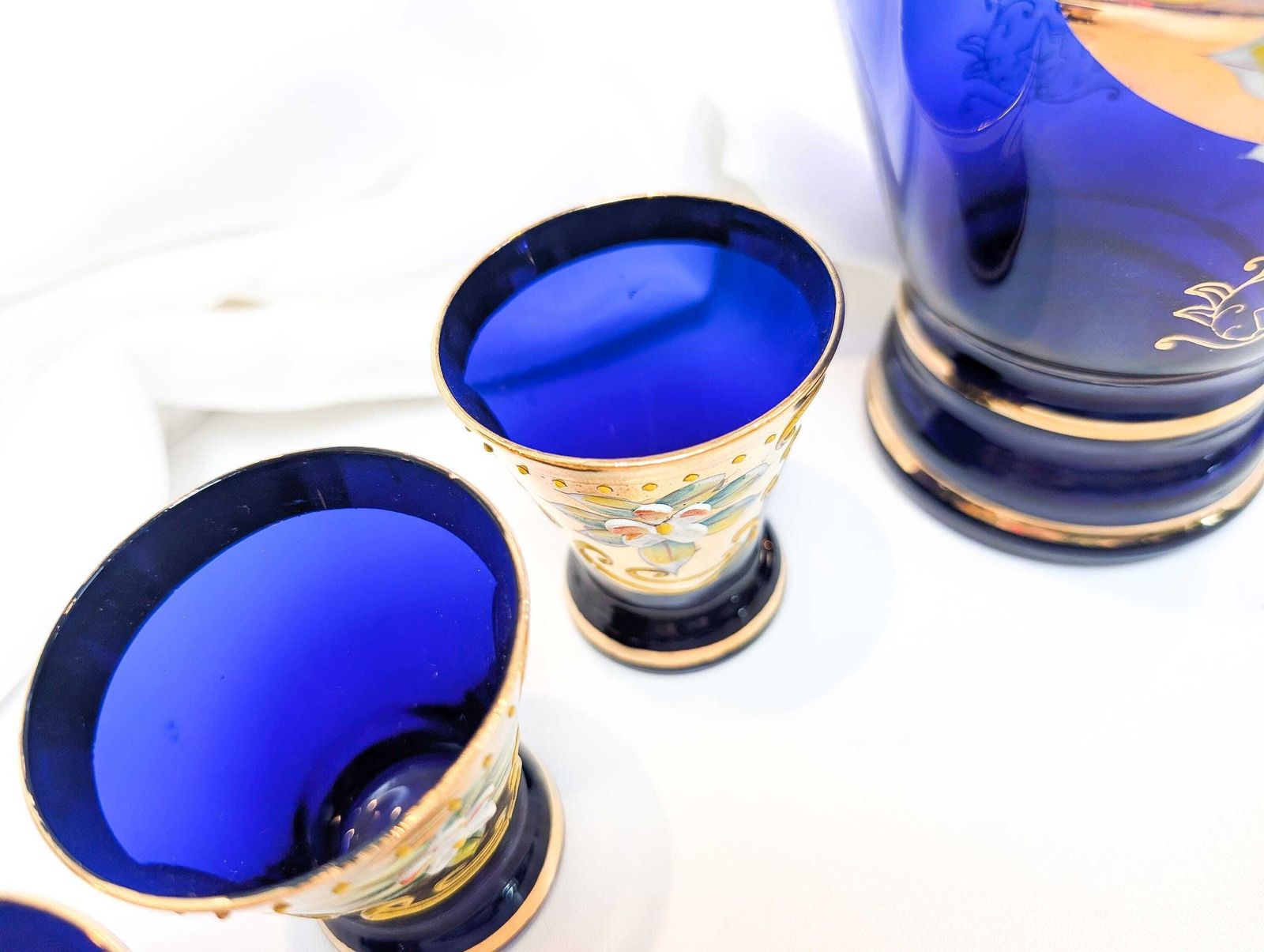 Murano Mid Century Cobalt Blue Glass Decanter And Six Liqueur/Shot Glasses. All Pieces Feature 24 Karat Gold Decoration And Hand Painted. photo furniture