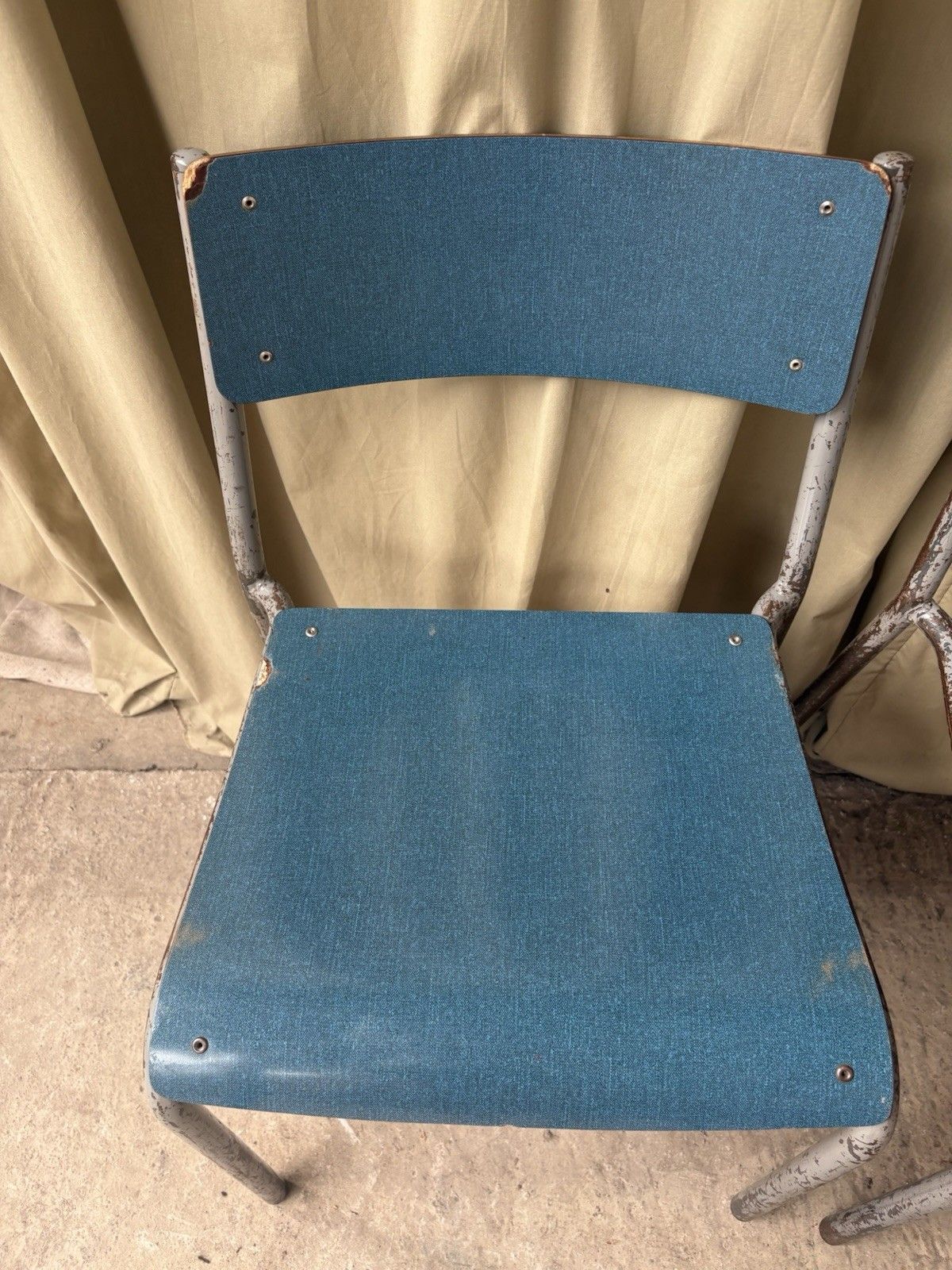 photo for sale Vtg Mid Century Industrial Metal Set Of 4 Stacking Dining Chairs Retro R1197