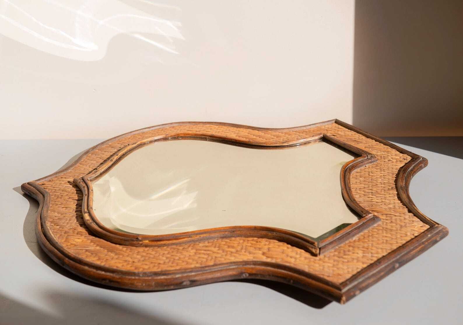 Vintage Shield Mirror Large Rattan Wicker Frame Beveled Glass Coastal Wall Decor photo furniture
