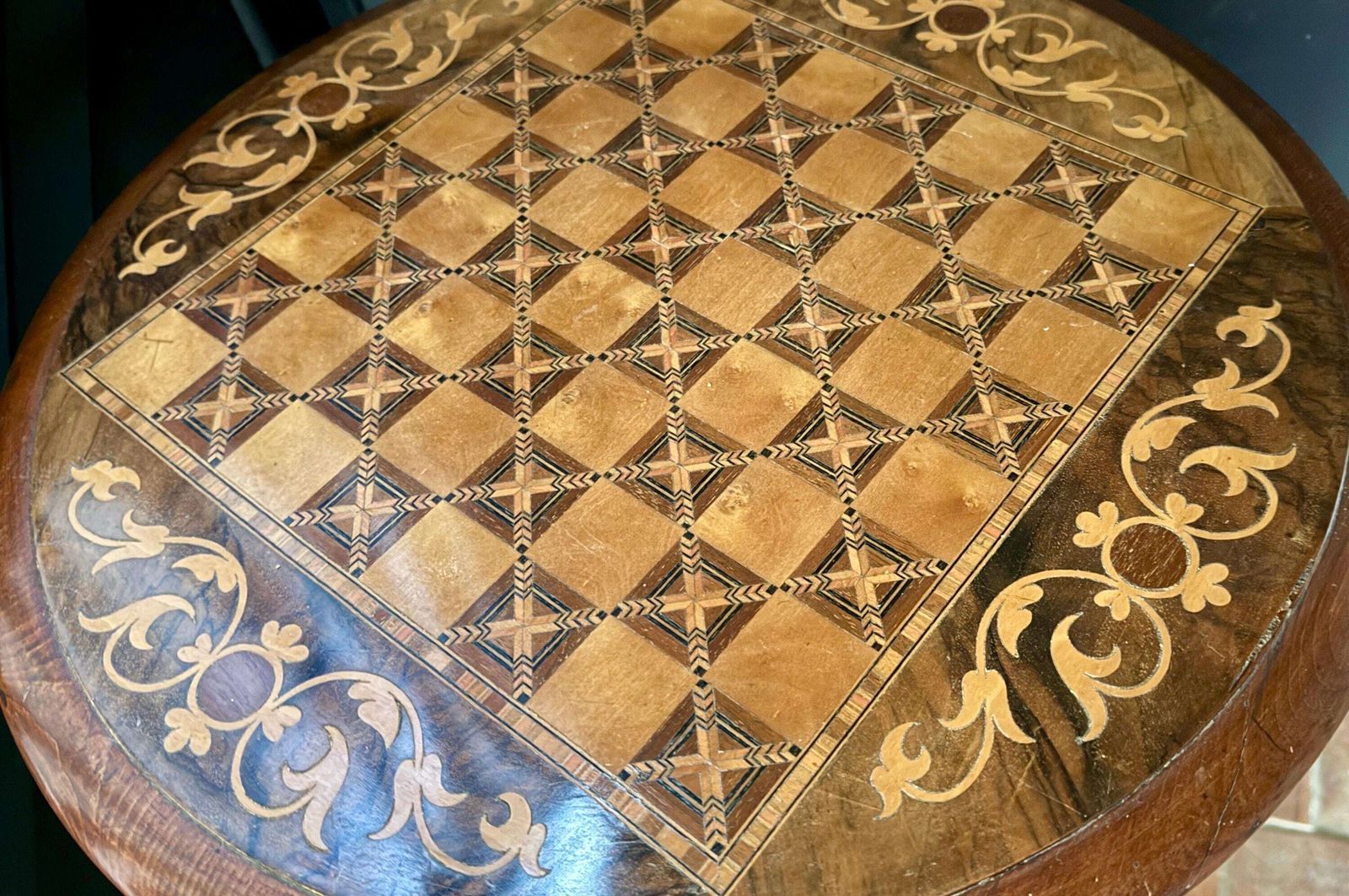 Antique Inlaid Chess Table English Games Board With Storage Victorian Sewing Table photo vinterior