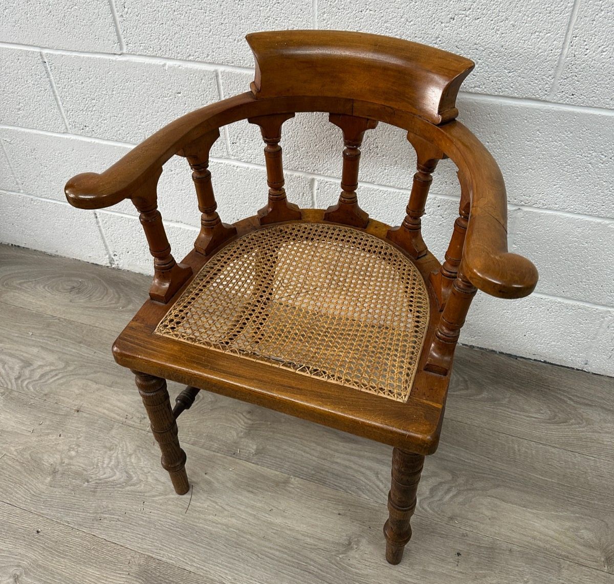 Victorian Mahogany & Oak Captain Chair Smoker’s Bow Back Seat W/ Cane Antique