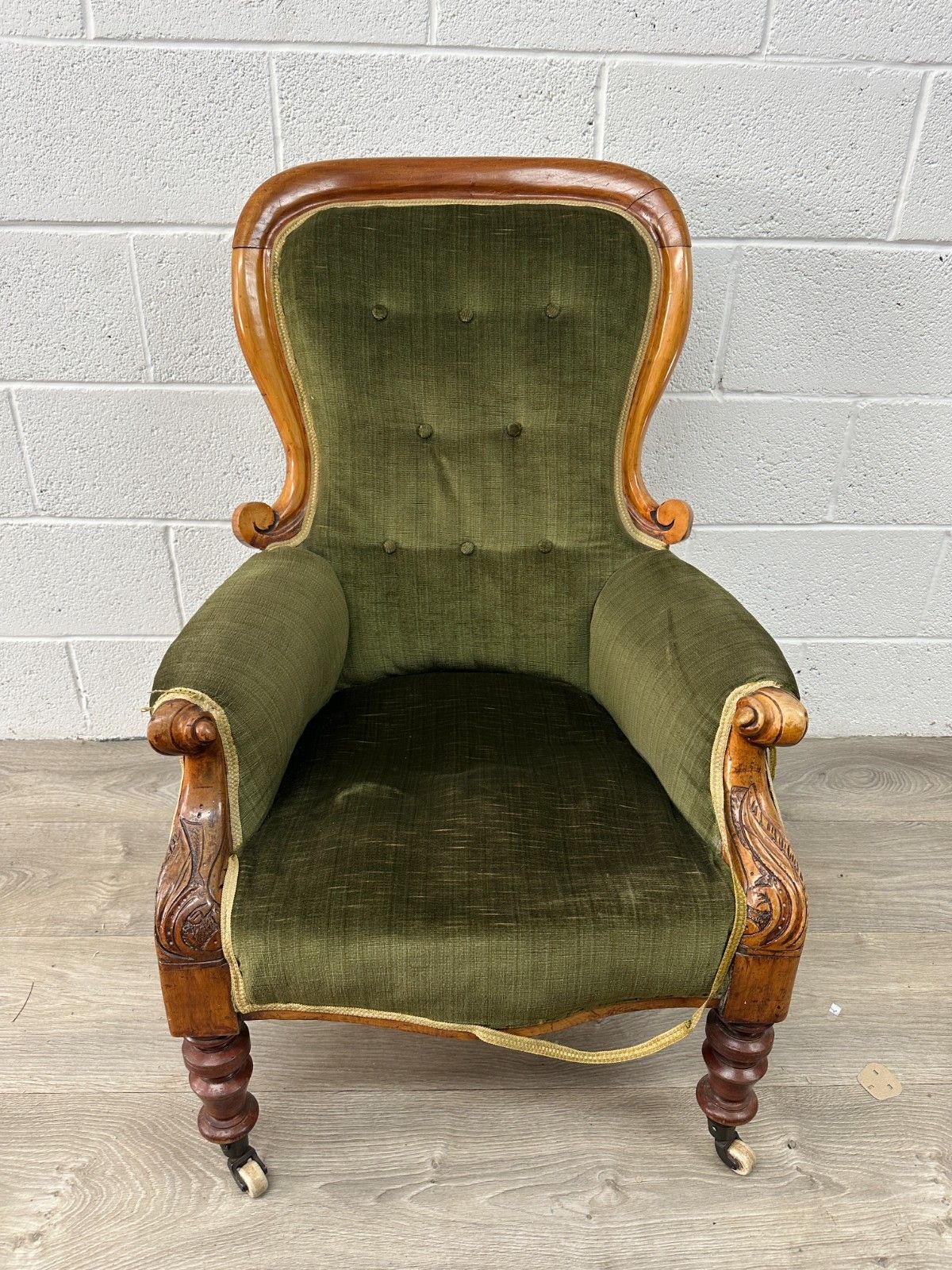 Victorian Carved Mahogany Armchair Green Upholstery Button Back Original Castors