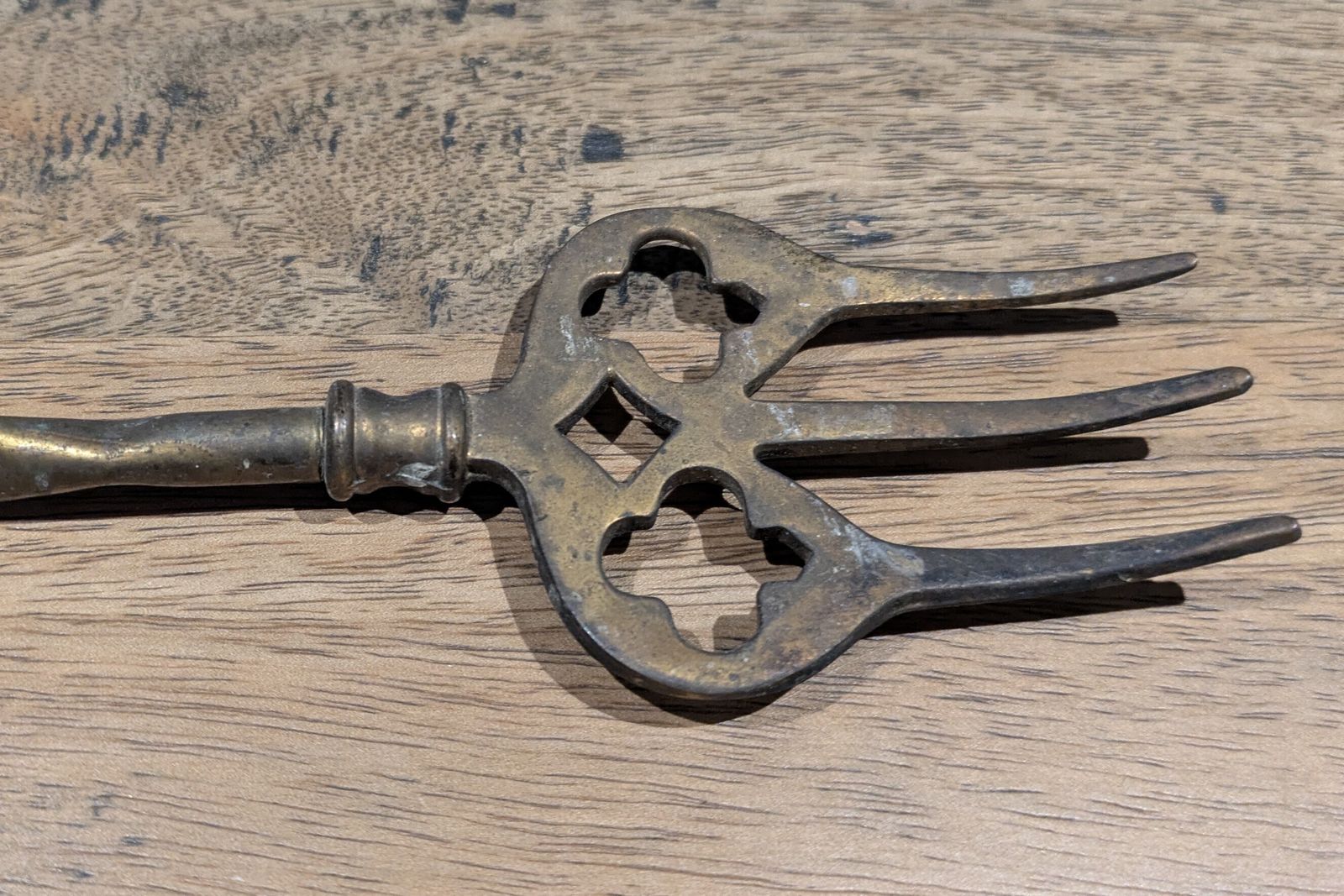Victorian Brass Toasting Fork  Gargoyle Handle   Pierced Quatrefoil Head photo for sale