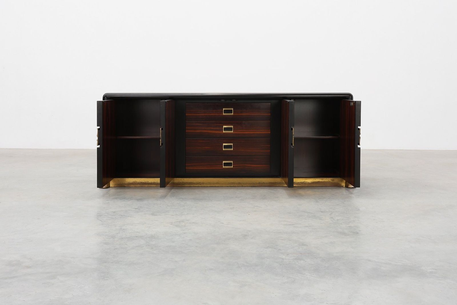 Brutalist Sculptural Wood And Brass Credenza, Italy, 1970s photo Furniture