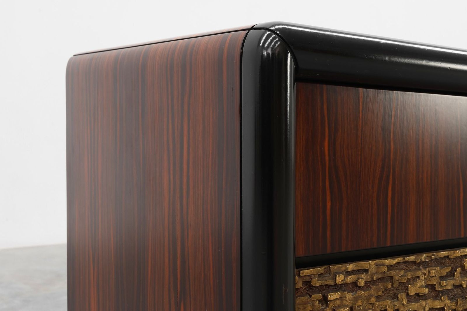 photo furniture Brutalist Sculptural Wood And Brass Credenza, Italy, 1970s