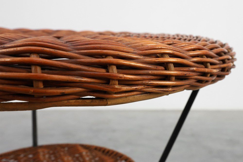Mid Century Woven Rattan, Wicker And Iron Two Tier Round Coffee Table, Italy, 1960s photo vinterior