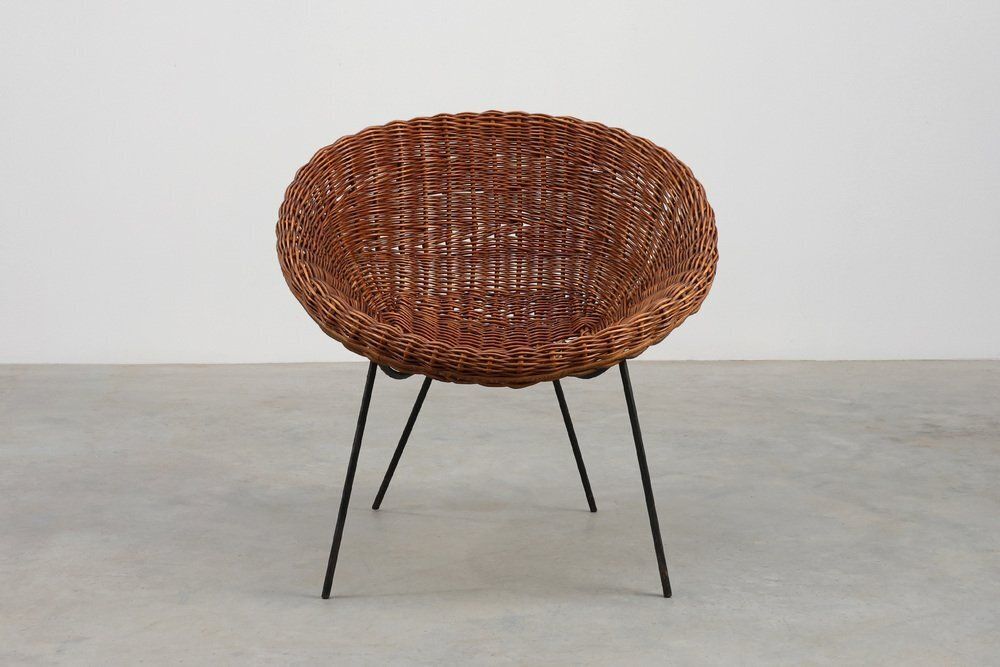 Mid Century Woven Rattanwicker And Iron Basket Chair, Italy, 1960s photo furniture