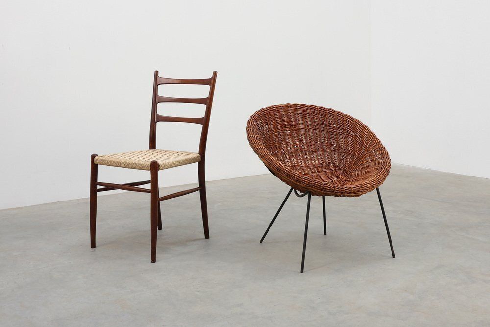 Mid Century Woven Rattanwicker And Iron Basket Chair, Italy, 1960s photo vinterior
