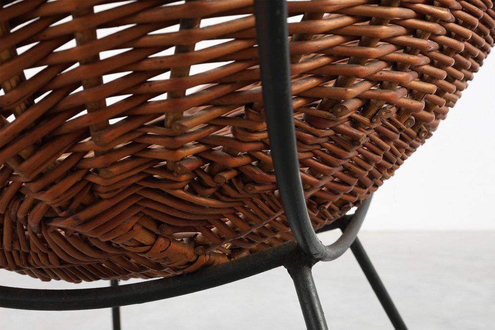 Mid Century Woven Rattanwicker And Iron Basket Chair, Italy, 1960s photo vintage