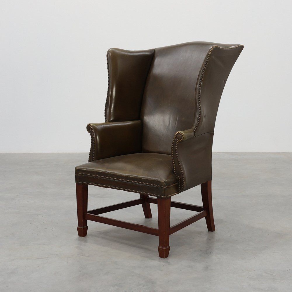Mid Century Modern Wing Back Chair In Green Leather, 1980s