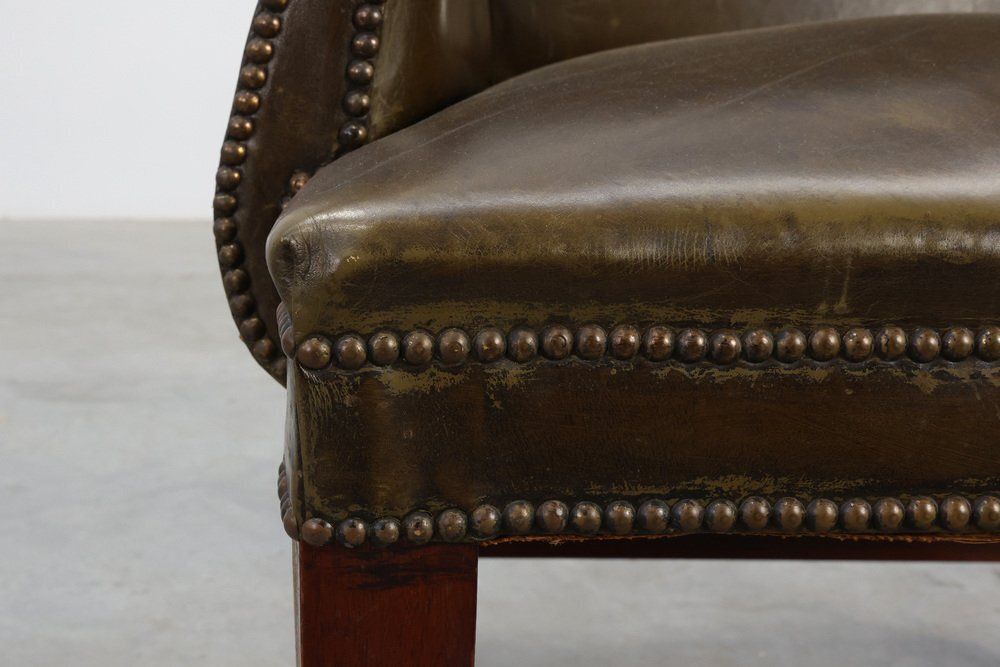 Mid Century Modern Wing Back Chair In Green Leather, 1980s photo 3581.0