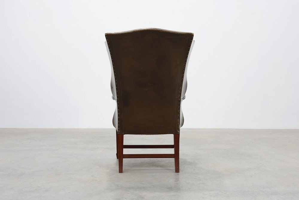 photo buy Mid Century Modern Wing Back Chair In Green Leather, 1980s