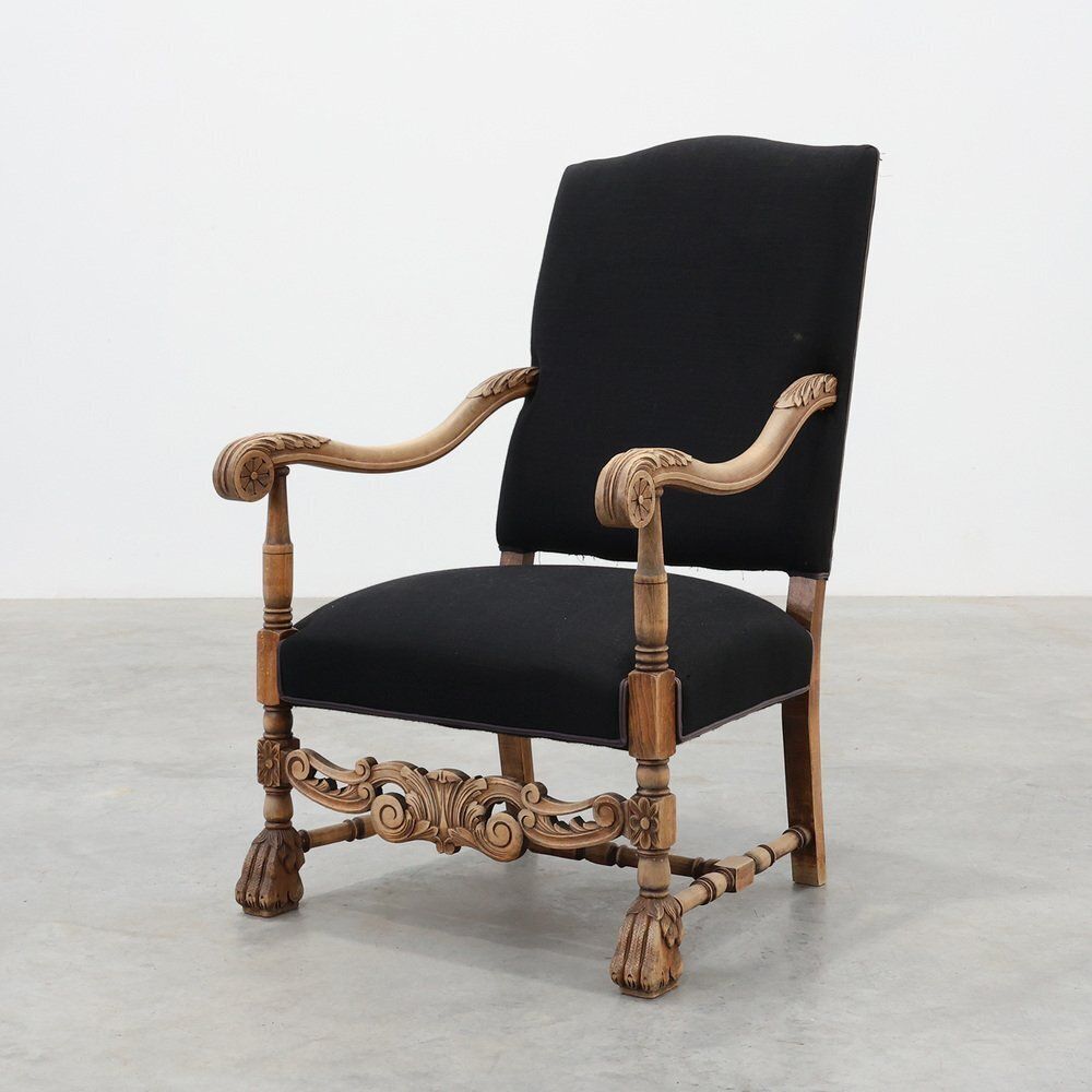 Antique Louis XIII Chair In Black Linen, France, 1800s