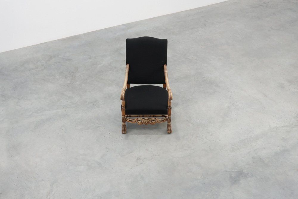 Antique Louis XIII Chair In Black Linen, France, 1800s photo vinterior