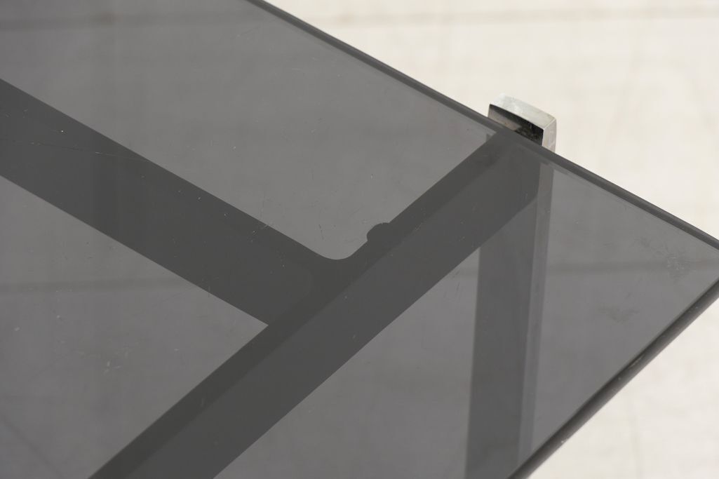 Pair Of Alpha Side Tables In Steel, Black Enamel & Black Glass Tops By Robin Day For Hille photo vinterior