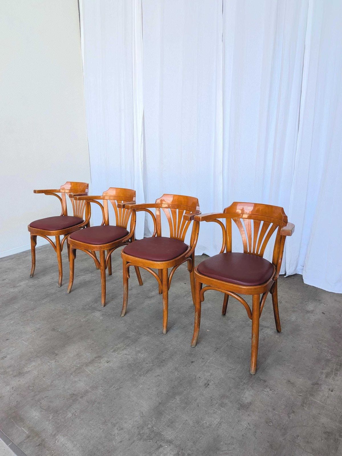 Set Of 4 Bentwood Dining Chairs / Vintage Thonet Style, Red Faux Leather