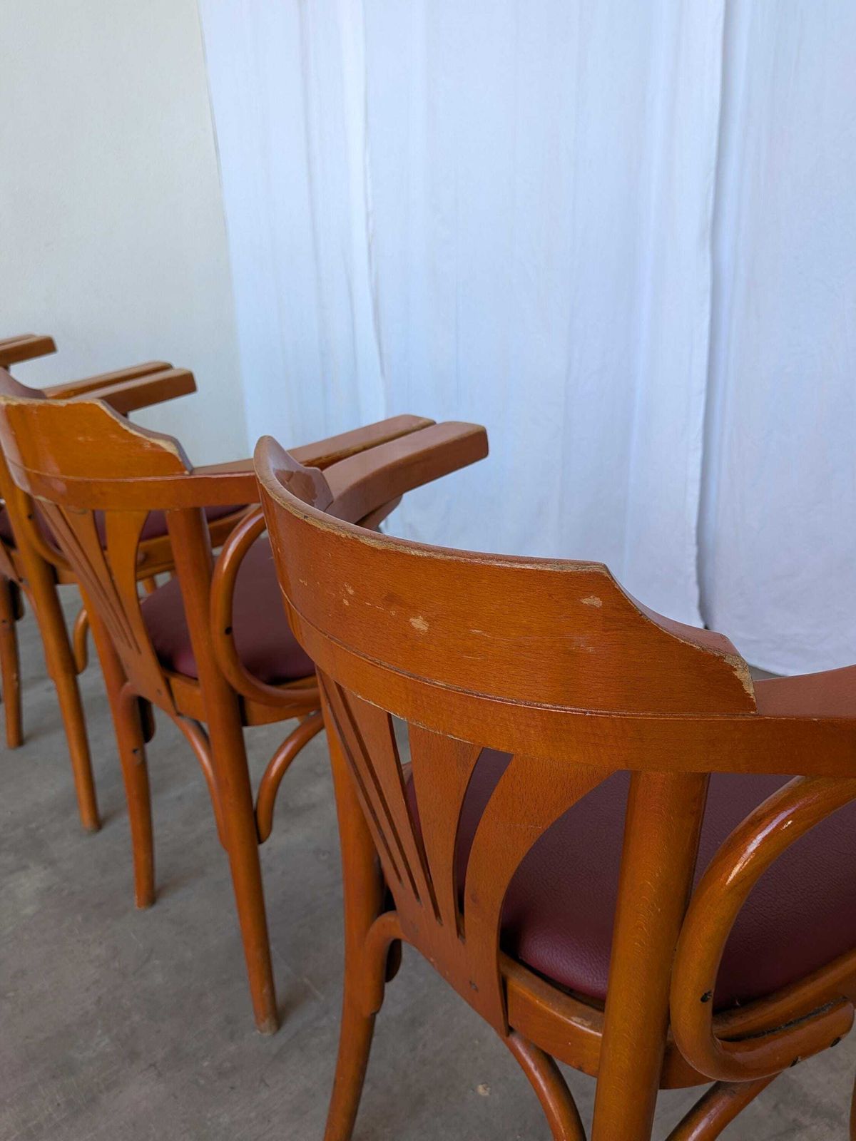 Set Of 4 Bentwood Dining Chairs / Vintage Thonet Style, Red Faux Leather photo Furniture