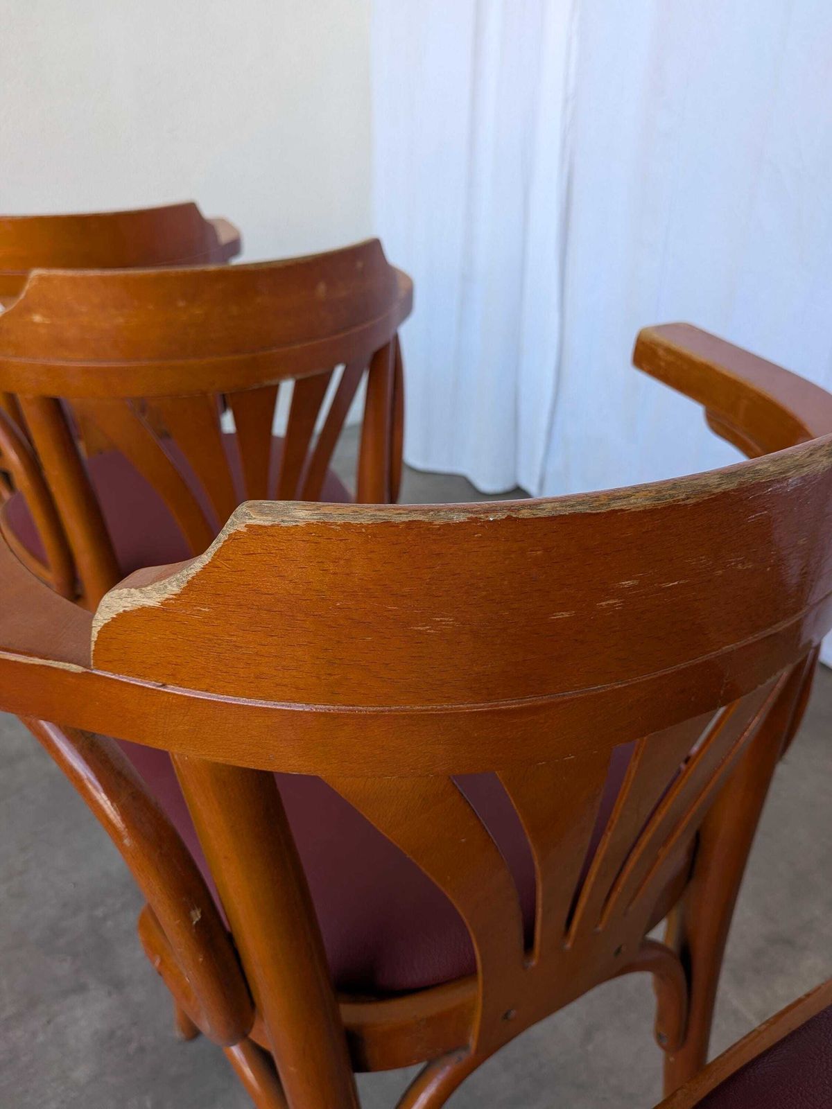 Set Of 4 Bentwood Dining Chairs / Vintage Thonet Style, Red Faux Leather photo vinterior