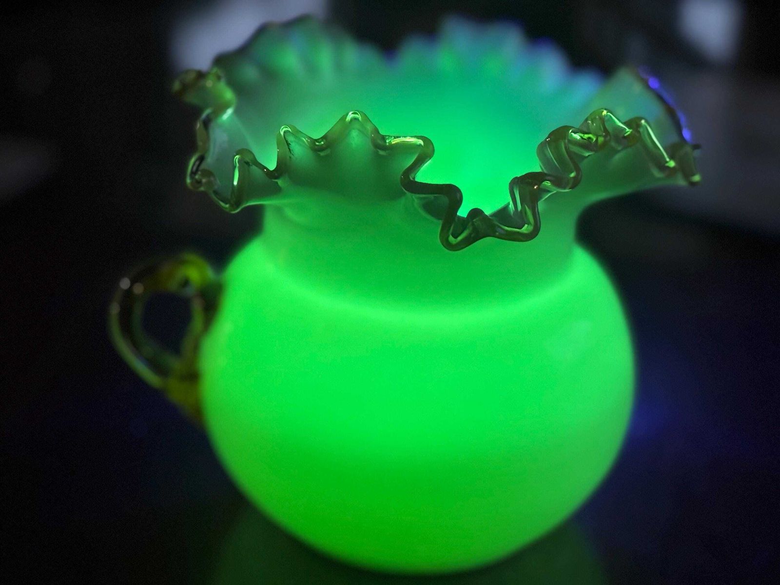 Antique Victorian Steven & Williams Milk Glass Uranium Ruffle Vase Uv Glowing photo for sale