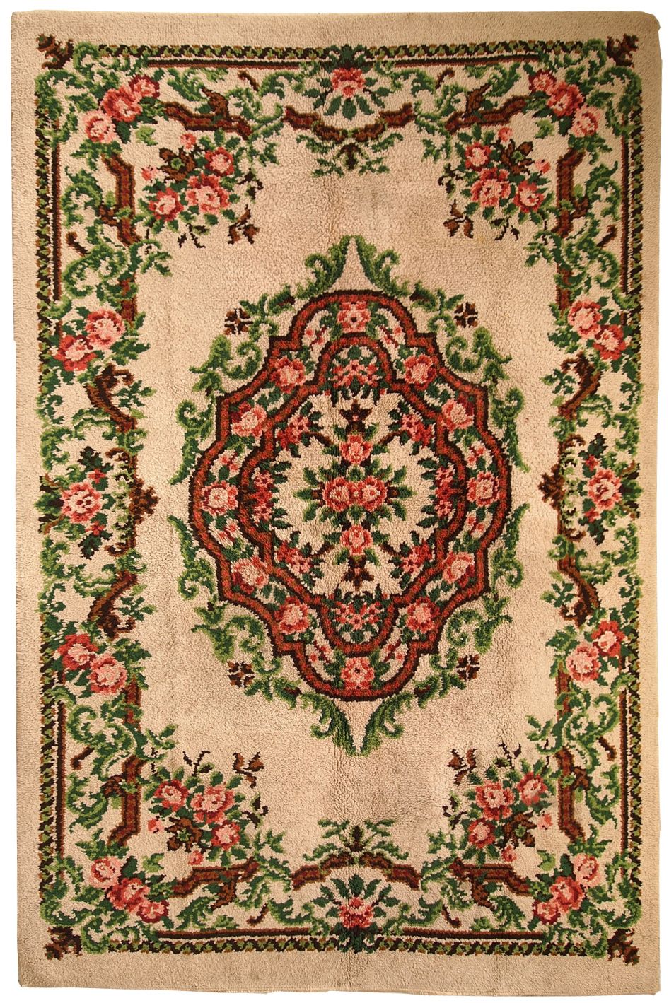 Vintage Belgian Savonnerie Wool Rug With Floral Medallion — 6'5" × 9'8" — 1960s