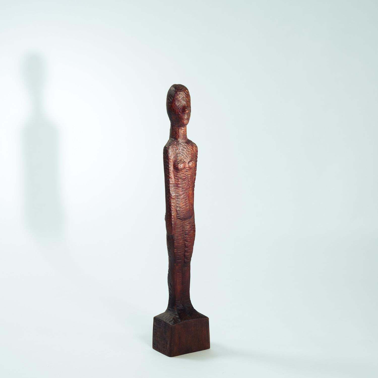 Dutch Brutalist Carved Wood Sculpture Of Womans Figure, Height 95cm, 1970s photo for sale