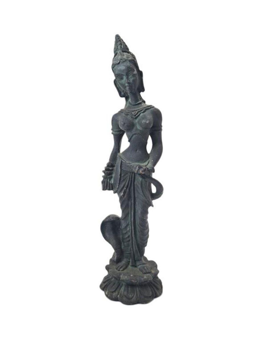 Vintage Southeast Asian Bronze Temple Dancer Sculpture On Lotus Base, 1970s