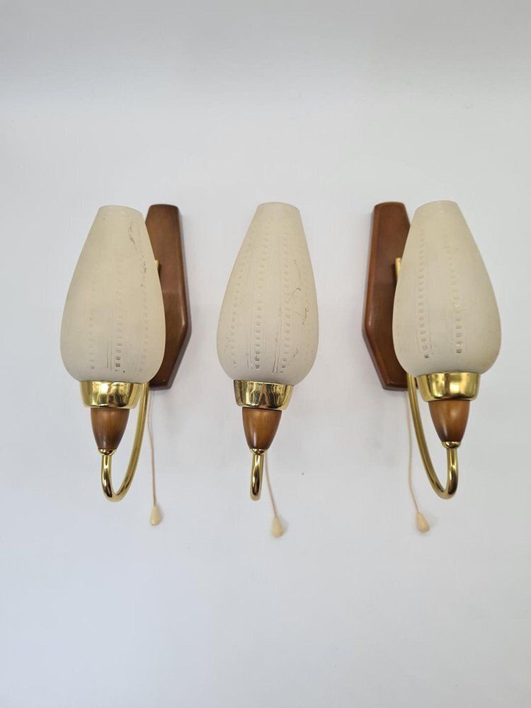 photo for sale Mid Century Modern Wall Sconces In Wood And Brass, 1950s 1960s, Set Of 3