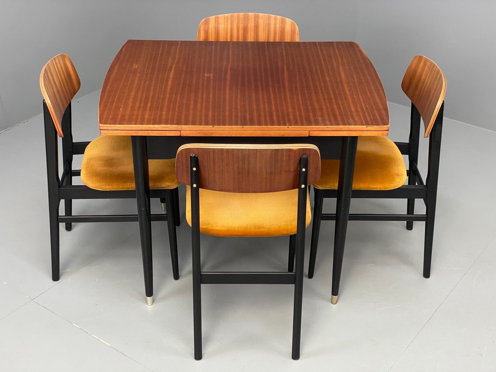 Vintage 1960s Dining Table And 4 Chairs Teak Black Gold Velour Eb12085 photo furniture