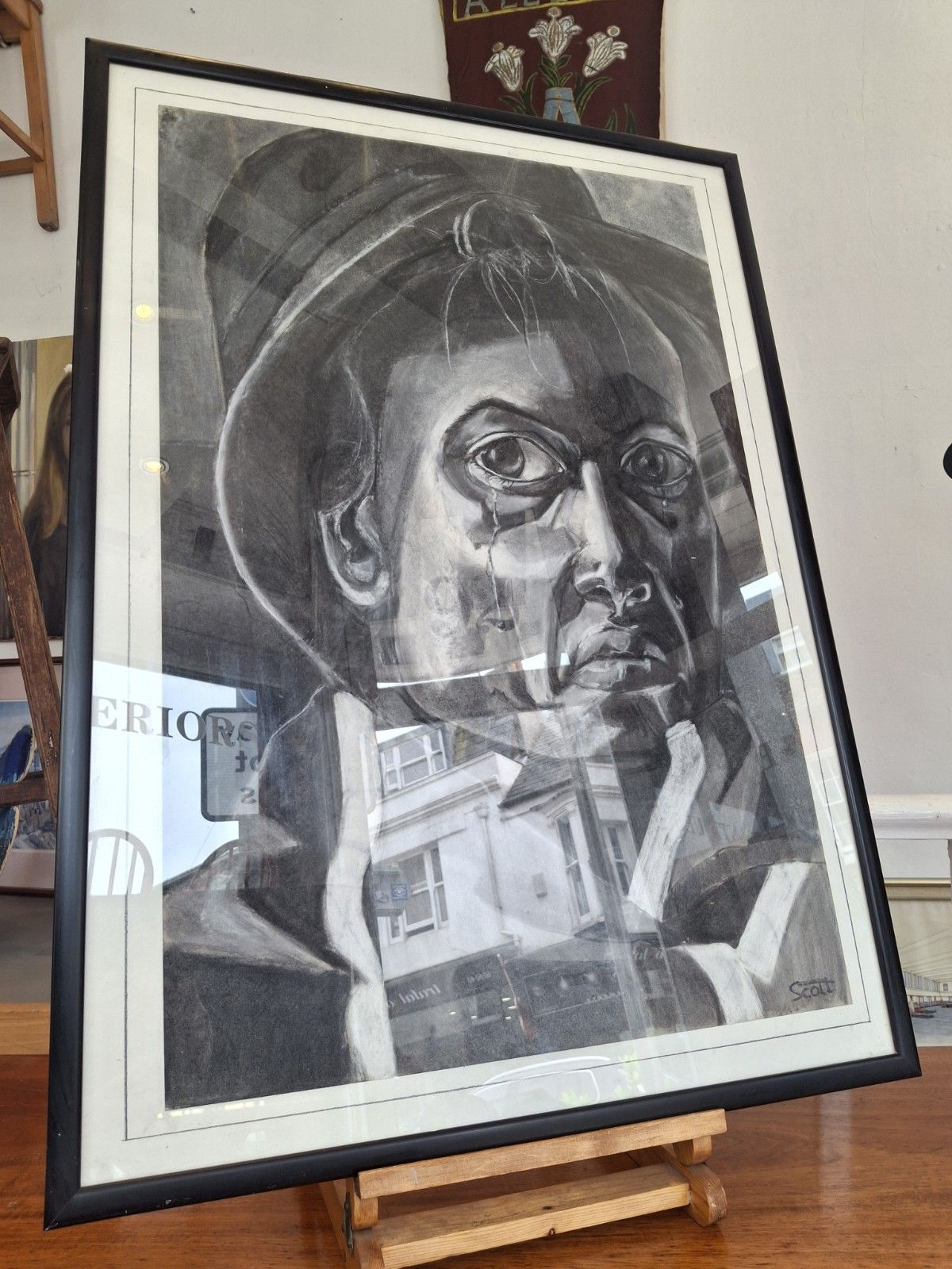 Late  20th Century Framed Charcoal Expressionist Portrait Painting