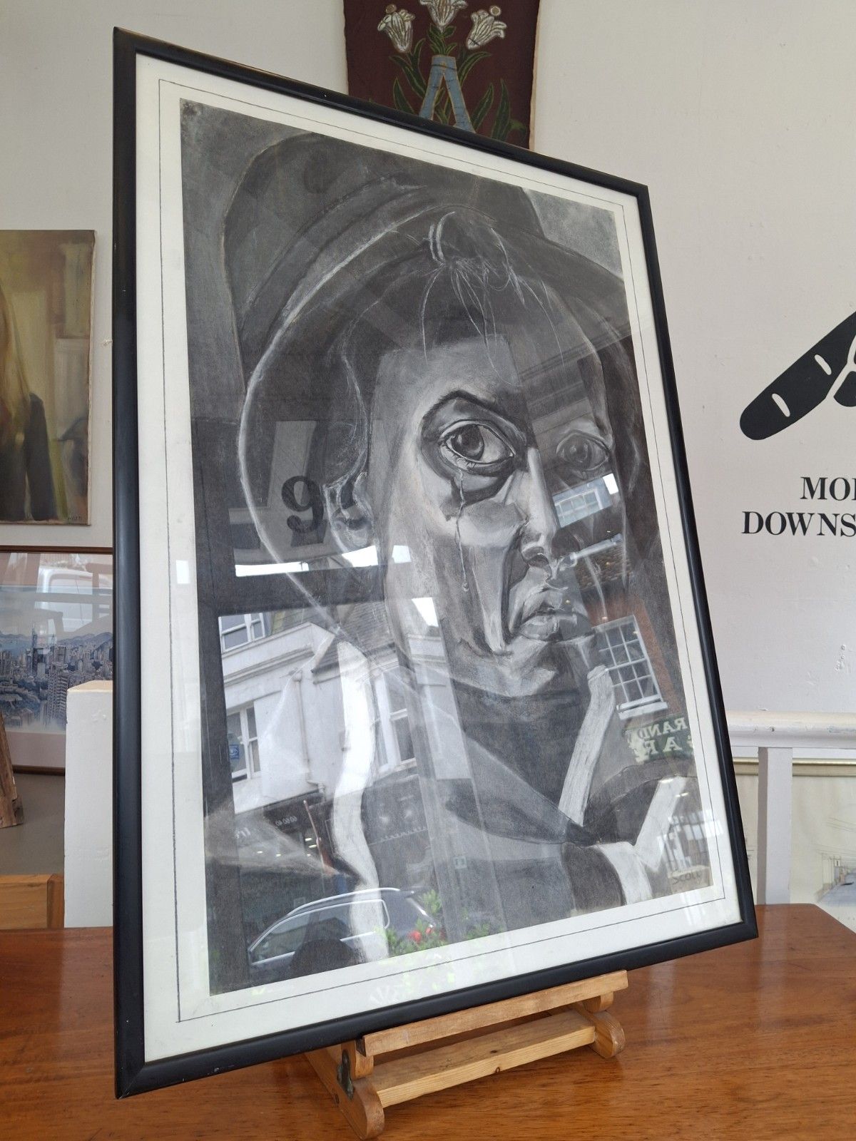 Late  20th Century Framed Charcoal Expressionist Portrait Painting photo for sale