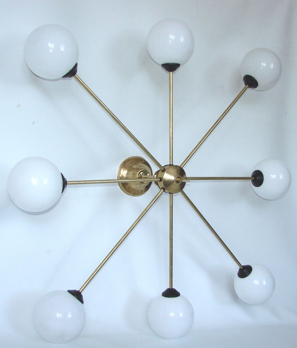 Stilnovo 1960s Style Chandelier | Brass, Metal And Glass | 8x E14 | Vintage photo vinterior