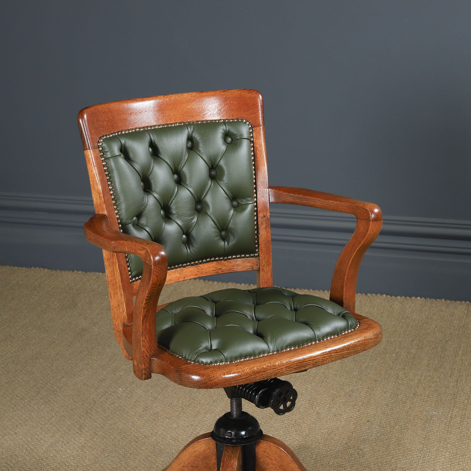English Edwardian Oak & Green Leather Revolving Office Arm Chair Circa 1910 photo for sale