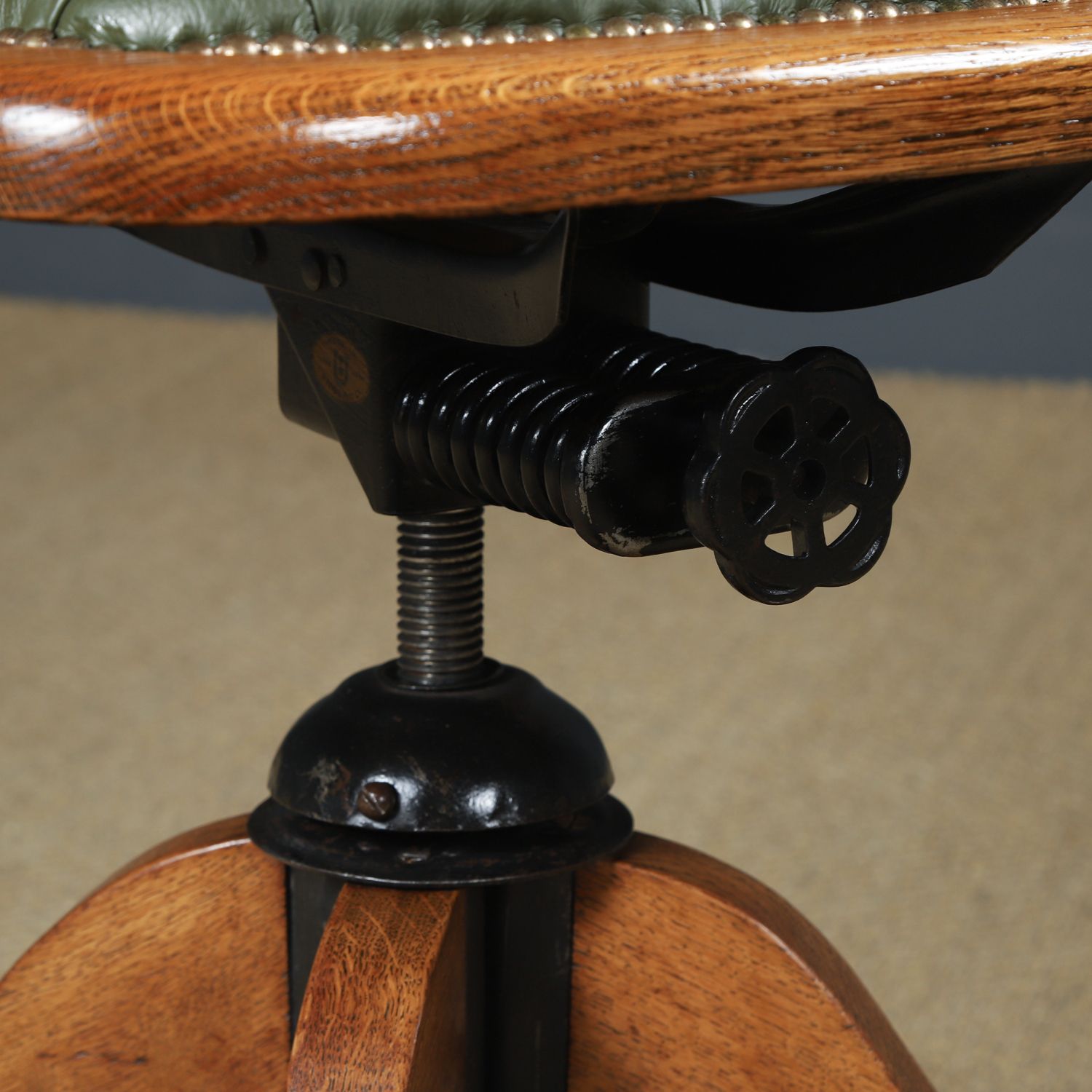 English Edwardian Oak & Green Leather Revolving Office Arm Chair Circa 1910 photo buy